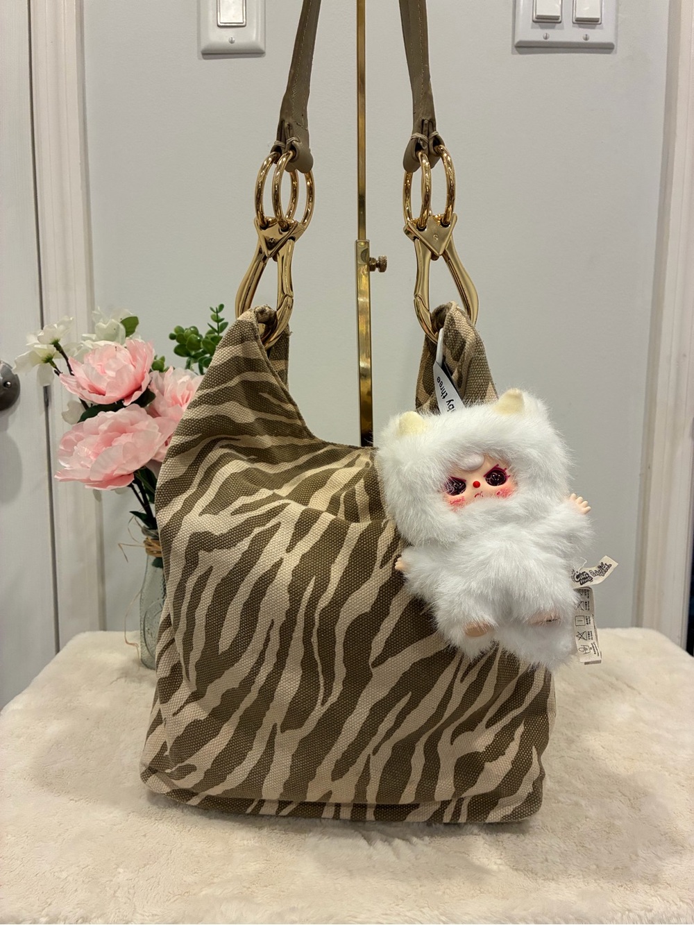 JPK Paris 75 Taupe Zebra-Print Hobo with Baby Three Bag Charm